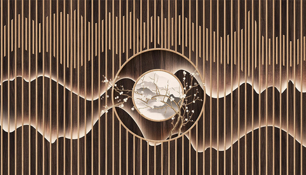 现代新中式装修墙纸3d立体茶室山水造型背景墙装饰客厅卧室3d模型